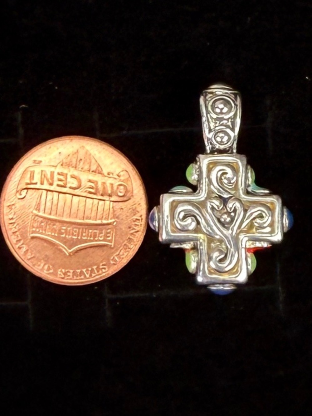 Vintage Faux Turquoise Blue Silvertone Cross Pendant - Picture 3 of 8